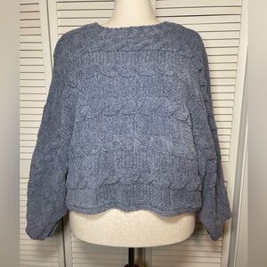 Wynne Lounge Cable Knit Sweater Chenille Dusty Blue Crew Neck Cropped Size XL